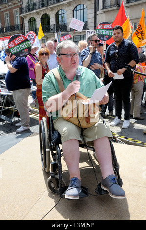 Sean McGovern - co chair of the TUC's disabled workers' committee - speaking outside the BBC, 21st June 2014 Stock Photo