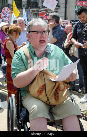 Sean McGovern - co chair of the TUC's disabled workers' committee - speaking outside the BBC, 21st June 2014 Stock Photo