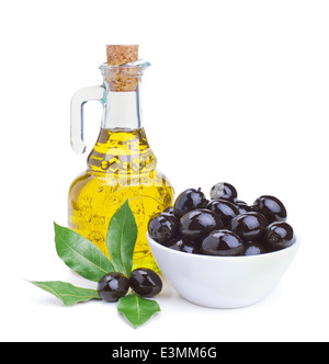 olive oil and black olives isolated on white background Stock Photo