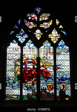 Modern Stained Glass Window In Chester Cathedral depicting Jesus Christ and Saint Werburgh Stock Photo