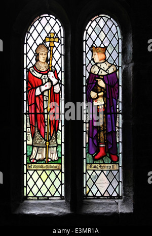 Stained Glass Windows Depicting St Thomas Of Canterbury and King Henry II In The Cloisters Of Chester Cathedral, UK Stock Photo