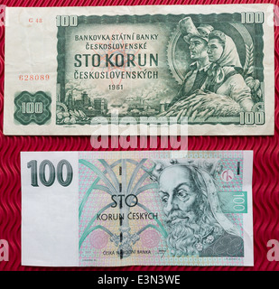 Old banknote 100 Kčs from 1961 in comparison with the actual valid 100 Kč Stock Photo