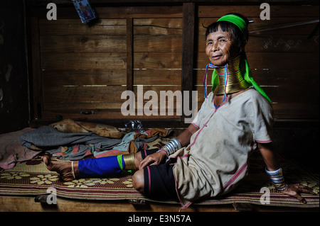 Portrait of a Padaung woman in her house, Loikaw area, Myanmar, Asia Stock Photo