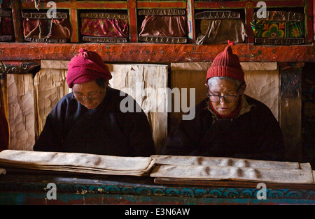 TIBETAN BUDDHIST MONKS read SACRED TEXTS in the village of SAMDO on the AROUND MANASLU TREK - NUPRI REGION, NEPAL Stock Photo