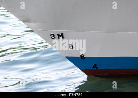 Depth markers on the bow of a ship Stock Photo