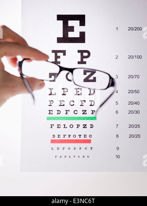 Hand holding glasses in front of eye exam chart Stock Photo