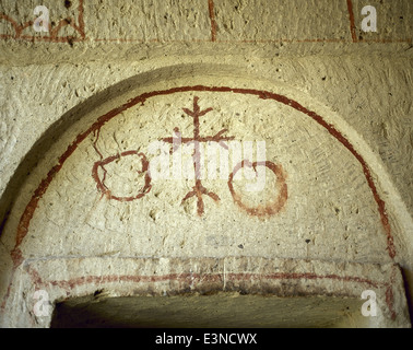 Turkey. Goreme National Park. Troglodyte church. Detail from a painting at the entrance. Central Antatolia. Stock Photo
