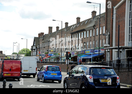 Shops and traffic in East Acton in the London Borough of Hammersmith and Fulham Stock Photo