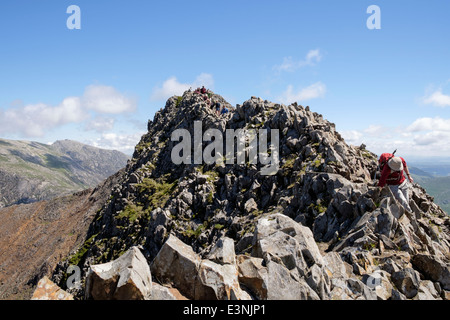 View back along Crib Goch ridge scramble with hikers scrambling at start of Snowdon Horseshoe in mountains of Snowdonia Wales UK Stock Photo