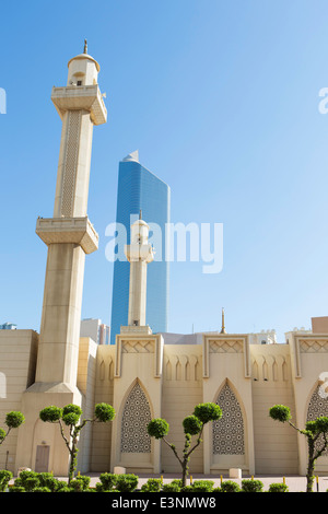 Kuwait City, Grand Mosque and Al Hamra building, tallest in Kuwait, completed 2011 Stock Photo