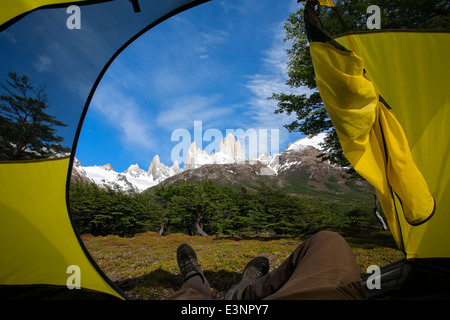 View of Mount Fitz Roy from a tent at Poincenot campsite. Los Glaciares National Park. Patagonia. Argentina Stock Photo