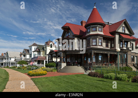 Row of Carpenter Gothic (Gingerbread) mansions Oak Bluffs Martha's Vineyard Massachusetts New England USA Stock Photo