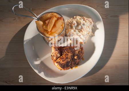 Roasted leg of chicken with Asian spices served with coleslaw and chips, or French fries on a white plate and wooden table. Stock Photo