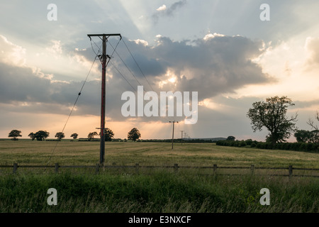 Telegraph poles receding with a low sun bursting through the clouds Stock Photo