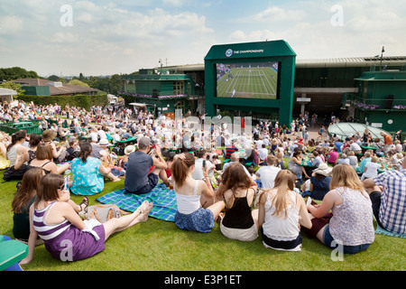 Wimble tennis - people watching the 2014 championship from Murray Mound, previously known as Henman Hill, London UK Stock Photo