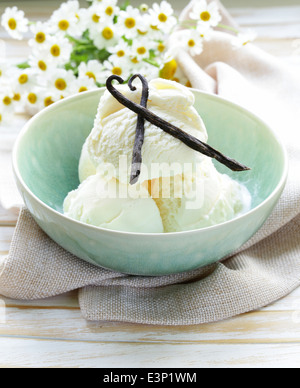 homemade creamy vanilla ice cream with natural vanilla sticks Stock Photo