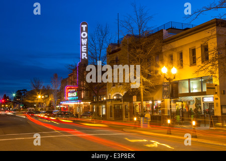 The historic Tower Theatre on Wall Street at dusk in downtown Bend, Oregon, USA Stock Photo