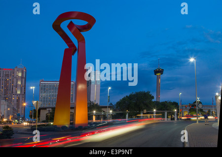 The Torch of Friendship and the Tower of Americas in downtown San Antonio, Texas, USA Stock Photo