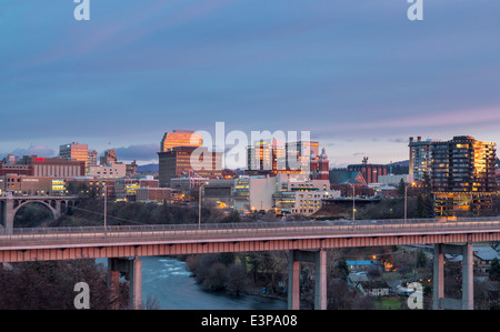 City skyline of Spokane, Washington with the Maple Street bridge and Spokane river Stock Photo