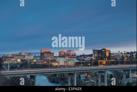 City skyline of Spokane, Washington with the Maple Street bridge and Spokane river Stock Photo