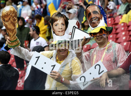 Recife, Brazil. 26th June, 2014. Football fans pose before a Group G match between the U.S. and Germany of 2014 FIFA World Cup at the Arena Pernambuco Stadium in Recife, Brazil, on June 26, 2014. Credit:  Lui Siu Wai/Xinhua/Alamy Live News Stock Photo