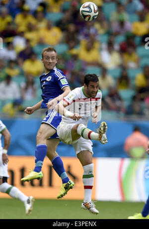Salvador, Brazil. 24th June, 2014. Bosnia And Herzegovina's Avdija Vrsaljevic competes for a header with Iran's Ehsan Hajsafi during a Group F match between Bosnia And Herzegovina and Iran of 2014 FIFA World Cup at the Arena Fonte Nova Stadium in Salvador, Brazil, June 24, 2014. © Yang Lei/Xinhua/Alamy Live News Stock Photo