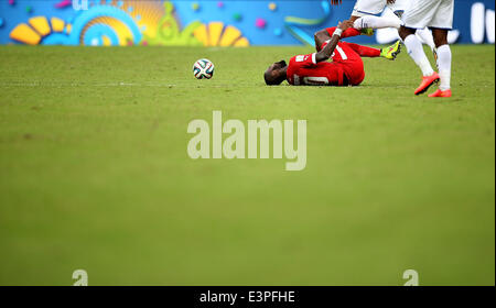 (140625) -- MANAUS, June 25, 2014 (Xinhua) -- Switzerland's Johan Djourou lies down after being hit during a Group E match between Honduras and Switzerland of 2014 FIFA World Cup at the Arena Amazonia Stadium in Manaus, Brazil, on June 25, 2014. Switzerland won 3-0 over Honduras on Wednesday. (Xinhua/Li Ming)(pcy) Stock Photo