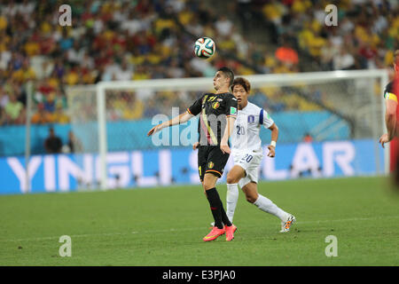 Sao Paulo, Brazil. 26th June, 2014. South Korea's Kim and Belgium's Mirallas challenge for the ball during the group H World Cup soccer match at the Corinthians arena, in Sao Paulo, Brazil, on June 26, 2014. Photo: Jose Patricio/Estadao/picture alliance/dpa/Alamy Live News Stock Photo