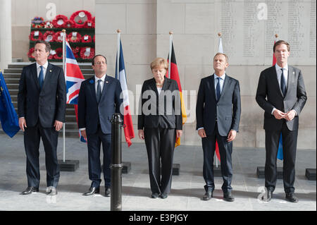 Yper, Belgium. 26th June, 2014. British Prime Minister David Cameron (L-R) French President Francois Hollande, German Chancellor Angela Merkel, Polish Prime Minister Donald Tusk and Dutch Prime Minister Mark Rutte stand at the Menin Gate Memorial to the Missing during the meeting of the European heads of state for the 100th anniversary of the World War One in Yper, Belgium, 26 June 2014. Photo: FKPH/dpa/Alamy Live News Stock Photo