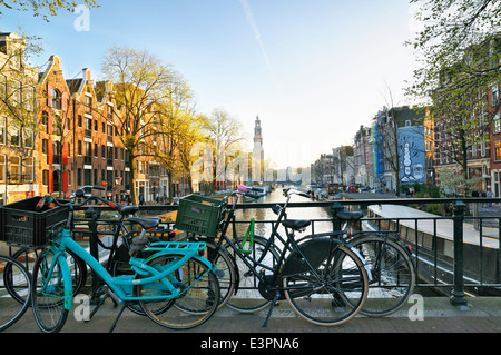 View down Prinsengracht towards the tower of Westerkerk, Jordaan, Amsterdam, Netherlands Stock Photo