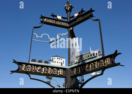 UK England, Suffolk, Lavenham, High Street, 2007 village sign commemorating Market Charter Stock Photo