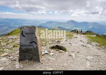 Sign for Watkin and Rhyd Ddu paths on Mount Snowdon in mountains of Snowdonia National Park, Gwynedd, North Wales, UK, Britain Stock Photo