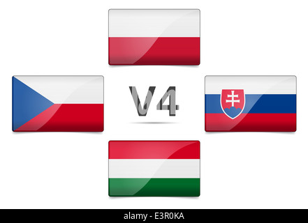 V4 Visegrad group summit - Czech republic, Poland, Slovakia, Hungary flag with reflection and shadow - Middle European country Stock Photo