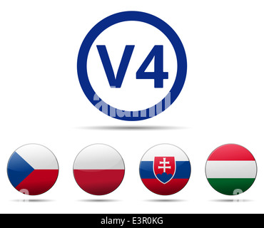 V4 Visegrad group summit - Czech republic, Poland, Slovakia, Hungary flag with reflection and shadow - Middle European country Stock Photo