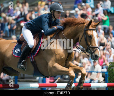 Hickstead, Sussex, UK. 27th June, 2014. The Hickstead Derby Meeting at The All England Jumping Course. [The Bunn Leisure Derby Trial]. Kayleigh Watts [GBR] riding Red Lady. Credit:  Action Plus Sports/Alamy Live News Stock Photo