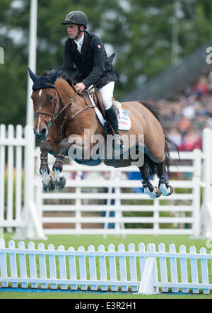 Hickstead, Sussex, UK. 27th June, 2014. The Hickstead Derby Meeting at The All England Jumping Course. [The Bunn Leisure Derby Trial]. Shane Breene [IRL] riding Omnirale Courcelle Credit:  Action Plus Sports/Alamy Live News Stock Photo