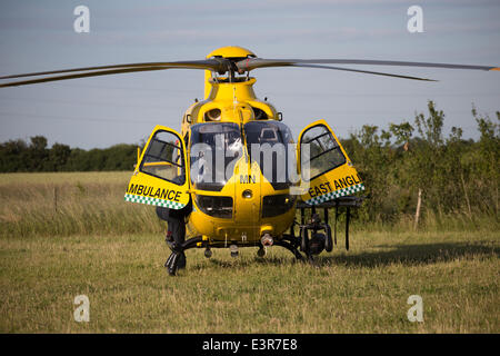 Rochford, Essex, UK. 27th June, 2014.   29 year old woman is taken to Hospital by East Anglian Air Ambulance. following a Motorcycle accident on Brays Lane, Rochford Essex. Credit:  Graham Eva/Alamy Live News Stock Photo