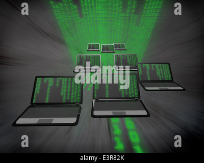 Many laptops with a binary code. Stock Photo