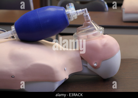 CPR training dummy in a classroom on a table. Stock Photo