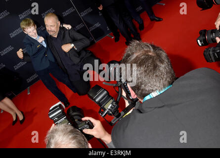 Munich, Germany. 27th June, 2014. The french director Jean-Pierre Jeunet and the young Canadian actor Kyle Catlett, main character of the opening movie 'The Selected Works of T.S. Spivet', pose during the opening of the Munich film festival in Munich, Germany, 27 June 2014. The festival runs from 27 June to 05 July 2014. Photo: Felix Hoerhager/dpa/Alamy Live News Stock Photo