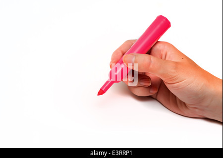Hands with marker over paper isolated on white background Stock Photo