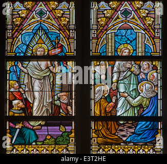 BRUGGE, BELGIUM - JUNE 12, 2014: The Resurrected Christ scene on the windwopane in st. Jacobs church (Jakobskerk). Stock Photo