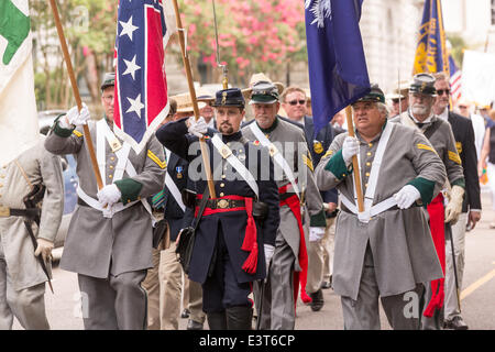Confederate Civil War re-enactors march down Meeting Street to celebrate Carolina Day June 28, 2014 in Charleston, SC. Carolina Day celebrates the 238th anniversary of the American victory at the Battle of Sullivan's Island over the Royal Navy and the British Army. Stock Photo