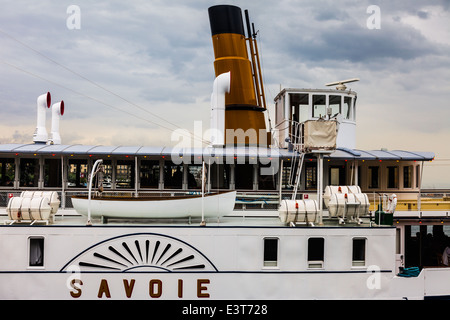 Swiss lake steamer Savoie docked in Geneva taking on new travelers Stock Photo