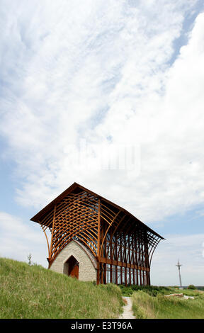 Gretna, NEBRASKA, USA. 3rd June, 2014. The Holy Family Shrine, 23132 Pflug Road, Gretna, NE was opened in 2002. Designed by BCDM Architects of Omaha, Nebraska. The unique church in the bluffs over looking the Platte Valley is visible from both directions on Interstate 80. The shrine is glass-walled, with supports holding up its 45-ft. tall roof. A man-made stream bubbles along a path cut along the walkway to the entrance and then in the floor of the nave. © Kevin E. Schmidt/ZUMAPRESS.com/Alamy Live News Stock Photo