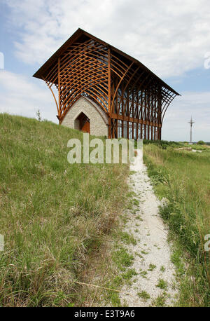 Gretna, NEBRASKA, USA. 3rd June, 2014. The Holy Family Shrine, 23132 Pflug Road, Gretna, NE was opened in 2002. Designed by BCDM Architects of Omaha, Nebraska. The unique church in the bluffs over looking the Platte Valley is visible from both directions on Interstate 80. The shrine is glass-walled, with supports holding up its 45-ft. tall roof. A man-made stream bubbles along a path cut along the walkway to the entrance and then in the floor of the nave. © Kevin E. Schmidt/ZUMAPRESS.com/Alamy Live News Stock Photo