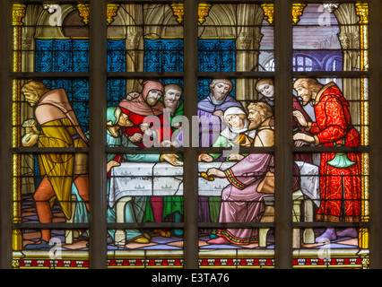 Brussels  - Jesus and the twelve apostles on maundy thursday at the Last Supper in the cathedral of st. Michael Stock Photo