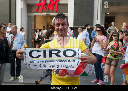 Naples, Italy. 28th June, 2014. Protester during 'Mediterranean Pride of Naples', in Toledo say No to Violence with reference to Ciro Esposito. The parade aims the visibility of the LGBT population, at a town and regional level, and expected to serve as a unique and effective tool against discrimination. Credit:  Emanuele Sessa/Pacific Press/Alamy Live News Stock Photo