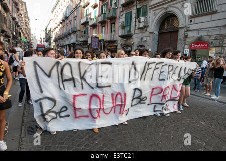 Naples, Italy. 28th June, 2014. A few students of ' Link ' and 'Uds' protests during 'Mediterranean Pride of Naples'. The parade aims the visibility of the LGBT population, at a town and regional level, and expected to serve as a unique and effective tool against discrimination. Credit:  Emanuele Sessa/Pacific Press/Alamy Live News Stock Photo