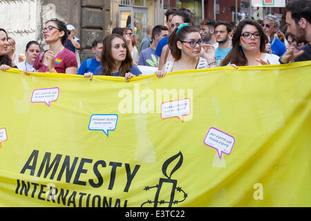 Naples, Italy. 28th June, 2014. A few exponent of Amnesty International, during ' Mediterranean Pride of Naples ', walks in Toledo. The parade aims the visibility of the LGBT population, at a town and regional level, and expected to serve as a unique and effective tool against discrimination. Credit:  Emanuele Sessa/Pacific Press/Alamy Live News Stock Photo